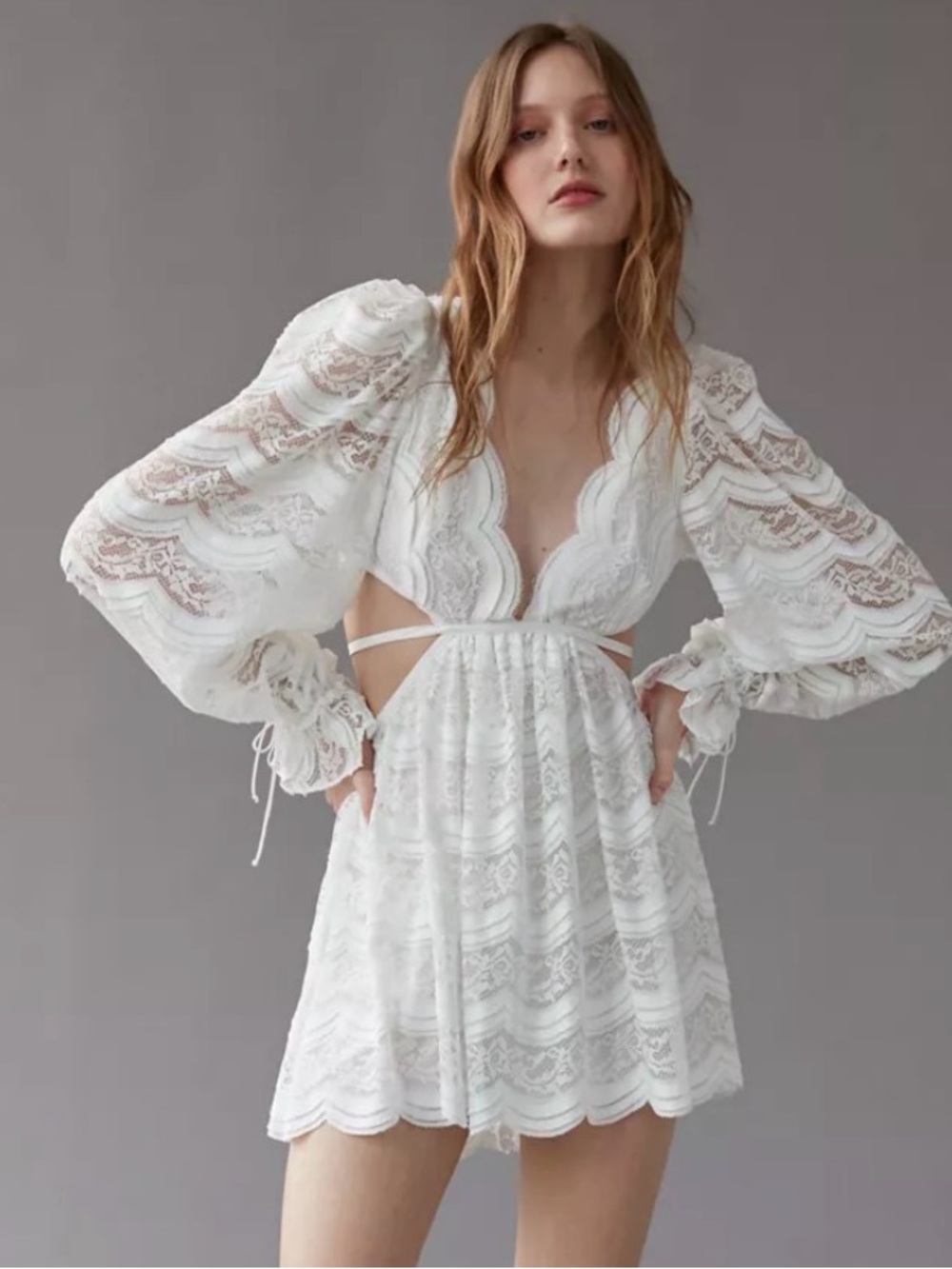 For Love & Lemons Mimi White Lace Long Sleeve Boho Mini Dress Size Medium